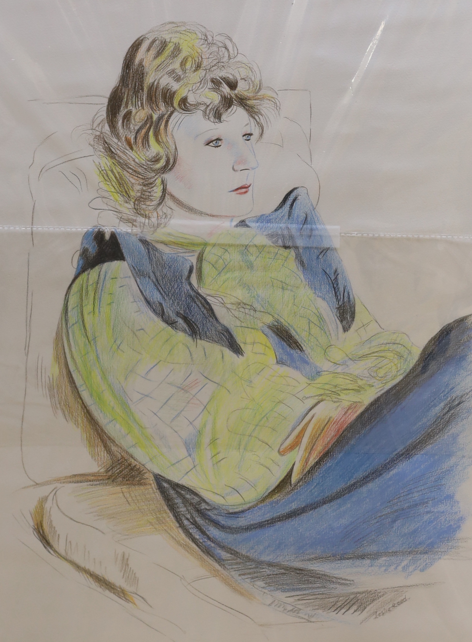 In the manner of David Hockney (b.1937), two crayon sketches, Portraits of a lady and gentleman, one inscribed Leslie Reed, mounted and unframed, largest 63 x 47cm